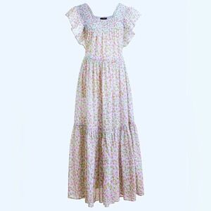 J. Crew M Smocked Flutter Sleeve Cloud Meadow Floral Maxi Dress Blue Pink Green